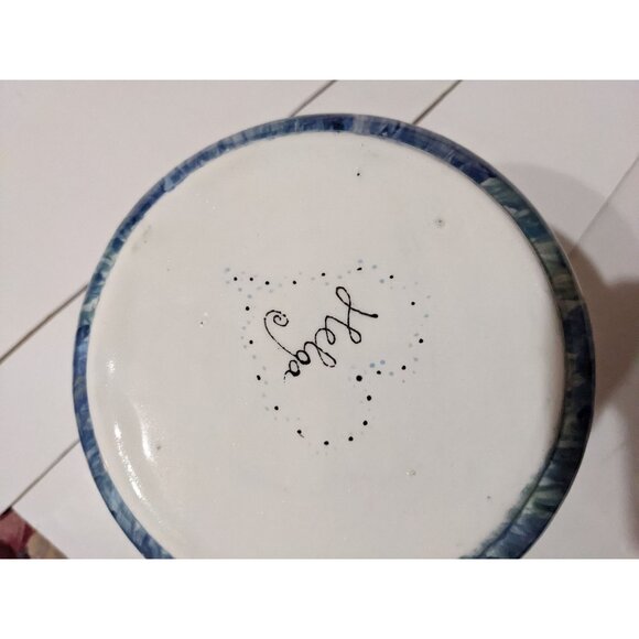 Studio Pottery Vase Dragonfly Blue 9"x7" Drip Glaze Signed Helga Farmhouse Decor - Picture 7 of 9